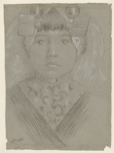 1405 Meisje in Zuid-Bevelandse dracht (Prot.). Kop en schouders, van voren / H.T. de Co. [c. 1930]. 1 tekening : ...