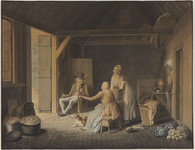 1418 Stalinterieur met figuren / J.P. Bourjé. [c. 1800]. 1 tekening : krijt, in kleur ; 41 x 54 cm, 1800 c.]