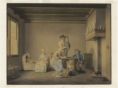 1419 Familiescène in interieur / J.P. Bourjé. [c. 1802]. 1 tekening : krijt, in kleur ; 41 x 54 cm, 1802 c.]