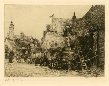 1430 Hooitijd in Aardenburg / W.J. Dingemans. 1901. 1 prent : ets ; 12,1 x 17,3 cm, blad 26 x 33 cm, moet 14 x 18 cm, 1901