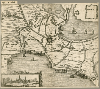 164 Hulst. Beleg en verovering van Hulst door prins Frederik, kaart van Hulst en omgeving, met de kwartieren van de ...