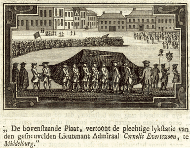 177 De begrafenisstoet van Cornelis Evertsen op weg naar de Sint Pieterskerk te Middelburg, met drie-regelig onderschrift