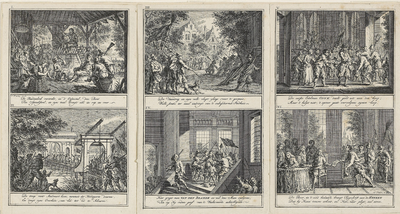 186 Zes afbeeldingen van de overval van opstandige Walcherse boeren te Middelburg, vergadering in stal te Brigdamme, ...