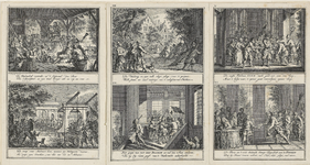 186 Zes afbeeldingen van de overval van opstandige Walcherse boeren te Middelburg, vergadering in stal te Brigdamme, ...