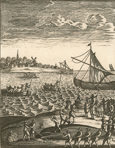 197 Het bewerken van een dode walvis op een plaat voor Sint Annaland, met veel manschappen van schepen en op de ...