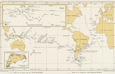 206 Kaart van de wereld met de route van de ontdekkingsreis van mr Jacob Roggeveen met de schepen de Arend, Tienhoven ...