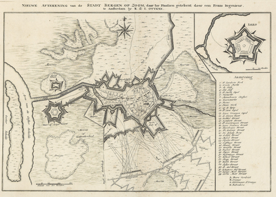 215 Nieuwe aftekening van de stadt Bergen-op-Zoom, daar ter plaatsen getekent door een Fransch ingenieur. Plattegrond ...