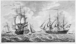 234 Het uitzeilen van twee Oost-Indische Compagnieschepen met een galjoot en een smalschip op de rede van Rammekens