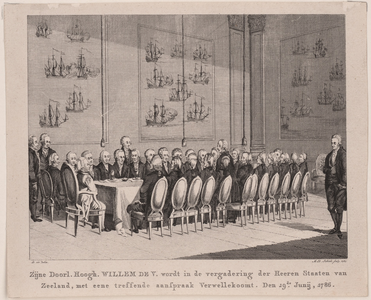 256 Verwelkoming van prins Willem V in de vergadering van de Staten van Zeeland, met twee-regelig onderschrift