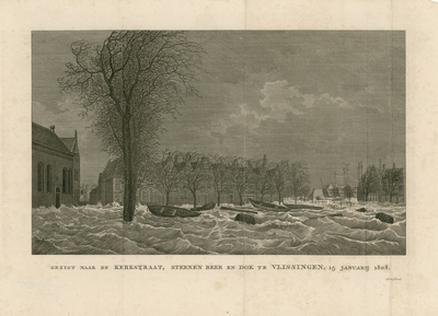 291-2 Gezigt naar de Kerkstraat, Steenen Beer en Dok te Vlissingen, 15 Januarij 1808. Overstroming in Vlissingen, ...