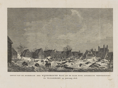 291-3 Gezigt van de Doorbraak der Wijnbergsche Kaai en de daardoor aangerigte verwoestingen te Vlissingen 15 Januarij ...