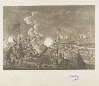 297 Het bombardement der stad Vlissingen in de Maand Augustus 1809. Gezicht op het bombardement van de stad Vlissingen ...
