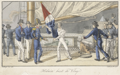 309 Hobein bezit de vlag. De matroos J. Hobein biedt de commandant van de kanonneerboot de buitgemaakte Nederlandse ...