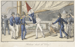 309 Hobein bezit de vlag. De matroos J. Hobein biedt de commandant van de kanonneerboot de buitgemaakte Nederlandse ...