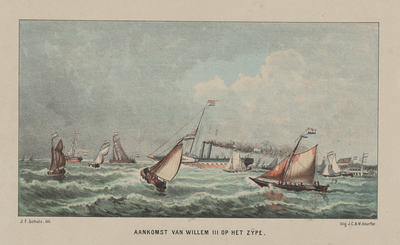 322-5 Aankomst van Willem III op het Zÿpe. Aankomst van het stoomschip met koning Willem III in Zeeland aan het Zijpe, ...