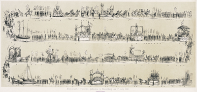 325 Allegorische Optocht, gehouden te Middelburg den 9n Juli 1867. De optocht te Middelburg bij de start van de ...
