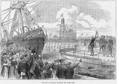 332-2 The king of Holland declaring the docks open. De opening door koning Willem III vanaf een schip van de nieuwe ...