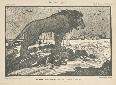 380 De oude vijand. . Spotprent op de watersnood in Zeeland van maart 1906, de Zeeuwse leeuw komt uit het water, met ...