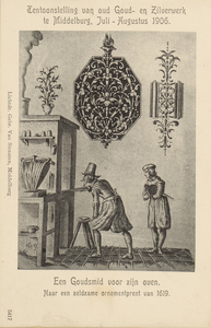382-12 Een goudsmid voor zijn oven in de 17e eeuw, naar een zeldzame ornamentsprent uit 1619