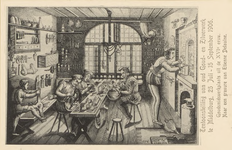 382-3 De werkplaats van een goudsmid in de 16de eeuw, naar een gravure van Etienne Delaulne