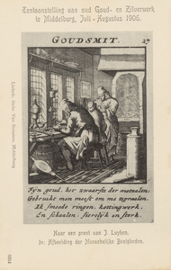 382-5 Goudsmit. De werkplaats van een goudsmid in de 17e eeuw, naar een gravure van Jan Luijken, in: Afbeelding der ...