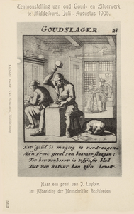 382-6 Goudslager. De werkplaats van een goudslager in de 17e eeuw, naar een gravure van Jan Luijken, in: Afbeelding der ...