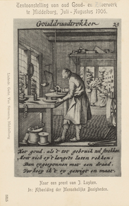 382-7 Gouddraadtrekker. De werkplaats van een gouddraadtrekker in de 17e eeuw, naar een gravure van Jan Luijken, in: ...