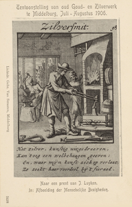 382-8 Zilversmit. De werkplaats van een zilversmid in de 17e eeuw, naar een gravure van Jan Luijken, in: Afbeelding der ...