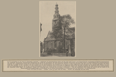 396-2 Gezicht op de toren en kerk, de Grote- of Sint Jacobskerk te Vlissingen voor de brand met onder beschrijving van ...