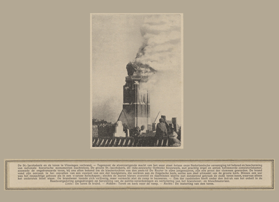 396-3 Het instorten van de toren van de Grote- of Sint Jacobskerk te Vlissingen tijdens de brand met onder beschrijving ...