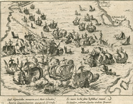 42 Zeeslag voor Vlissingen tusen de Spaanse en Geuzenvloten, met onder 2 x 2 versregels (Latijn) en op de achterzijde ...
