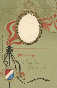 421-12 Gekroond silhouet van koningin Wilhelmina, links (droogstempel), met vlag en vlam (in jugendstil)