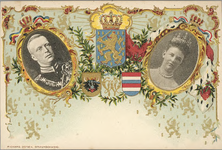 421-25 Gekroonde medaillons met de portretten van prins Hendrik en koningin Wilhelmina, omlijst met takken met het ...