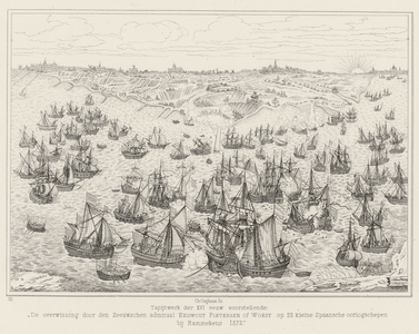 43 De overwinning door den Zeeuwschen admiraal Eeuwwout Pietersen of Worst op 22 kleine Spaansche oorlogsschepen bij ...