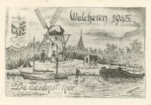433 Walcheren 1945. De aanlegsteiger. Spotprent van de aanlegsteiger bij de molen te Domburg tijdens de inundatie, met ...