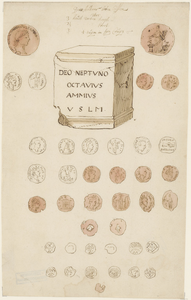 437-2 Een Romeinse votiefsteen en munten, gevonden op het strand van Domburg op 5 januari 1547 bij het opnemen van de ...
