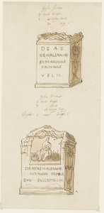 437-8 Twee Romeinse altaarstenen, opgedragen aan de godin Nehalennia, gevonden op het strand van Domburg op 5 januari ...