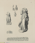 443-4 Beelden van de godin Nehalennia zonder hoofd, met details, gevonden op het strand van Domburg in 1647 en 1735