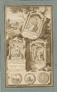 446-1 De vondst van drie altaren van de godin Nehalennia op het strand bij Domburg in 1647 en onder drie penningen, ...