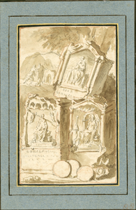 446-2 De vondst van drie altaren van de godin Nehalennia op het strand bij Domburg in 1647, met links 2 mannen en onder ...
