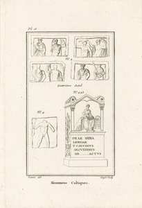 453b Monuments celtiques. Een Nehallennia-altaarsteen, met details van afbeeldingen van andere goden, gevonden op het ...
