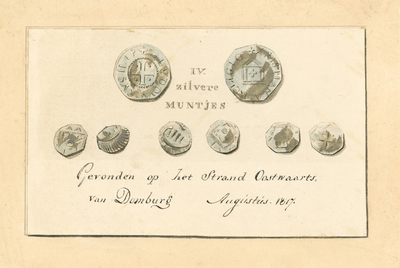 463 IV zilvere muntjes. Gevonden op het strand oostwaarts van Domburg, Augustus 1817. Vier zilveren munten, gevonden op ...