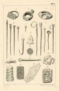 466-5 Voorwerpen, onder andere ringen en haken, gevonden op het strand van Domburg op 9 oktober 1837