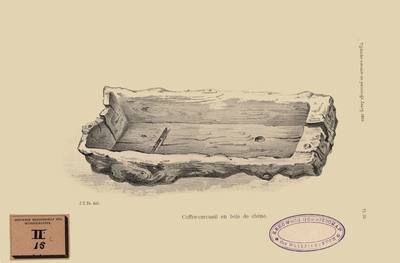 473c Een houten doodskist in de vorm van een boomstam, gevonden in 1866 op de Frankische begraafplaats op het strand ...