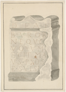 482 De wijsteen van de Dea Buronina, in 1756 ontdekt in een gevel van een huis te Westkapelle, getekend in 1804, daarna ...