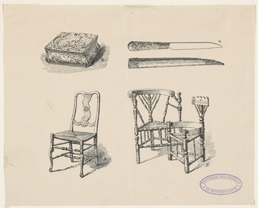 495 Zeeuwse meubels (drie stoelen), een gedreven koperen doosje en een mes, in 1905 aanwezig in het Museum van ...