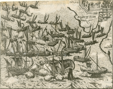 50 Slag voor Reimerswaal tussen de Spaanse en de Geuzenvloot, met op de achterzijde een beschrijving (Nederlands)
