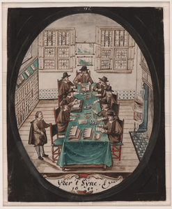 531 Yder 't Sijne 1647. Ontwerp van een glasraam door Cornelis van Barlaer afbeeldende een zitting van de Rekenkamer ...