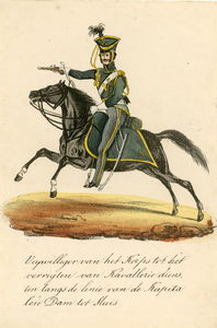 539b Een vrijwilliger in uniform te paard van het korps vrijwilligers voor cavaleriediensten langs de Kapitale Dam tot ...