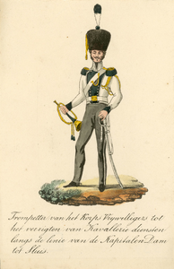 539c Een trompetter in uniform van het korps vrijwilligers voor cavaleriediensten langs de Kapitale Dam tot Sluis, met ...